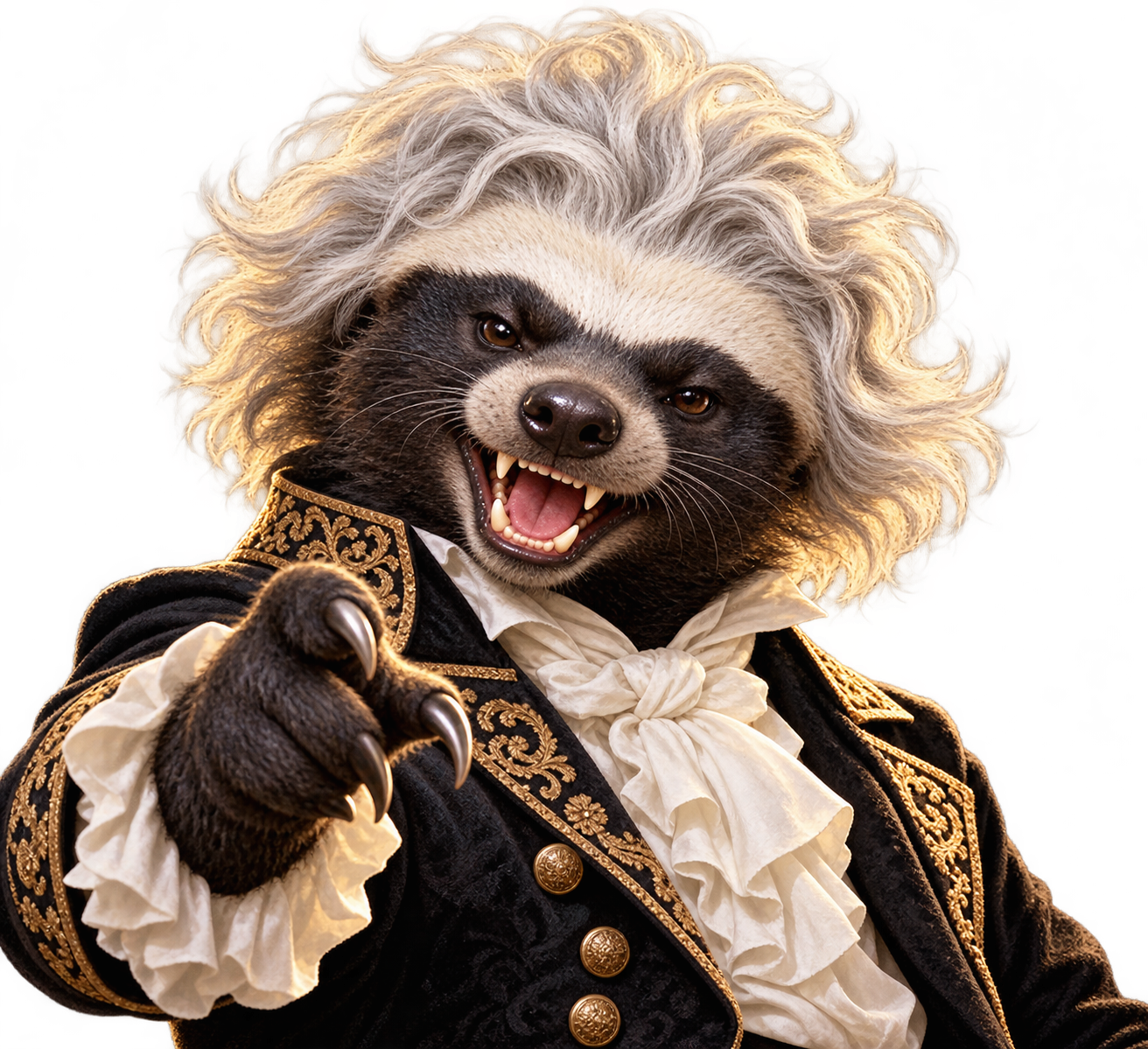 Maestro Lutvik von Badgehoven, the honey badger, grinning and pointing in JAM mode